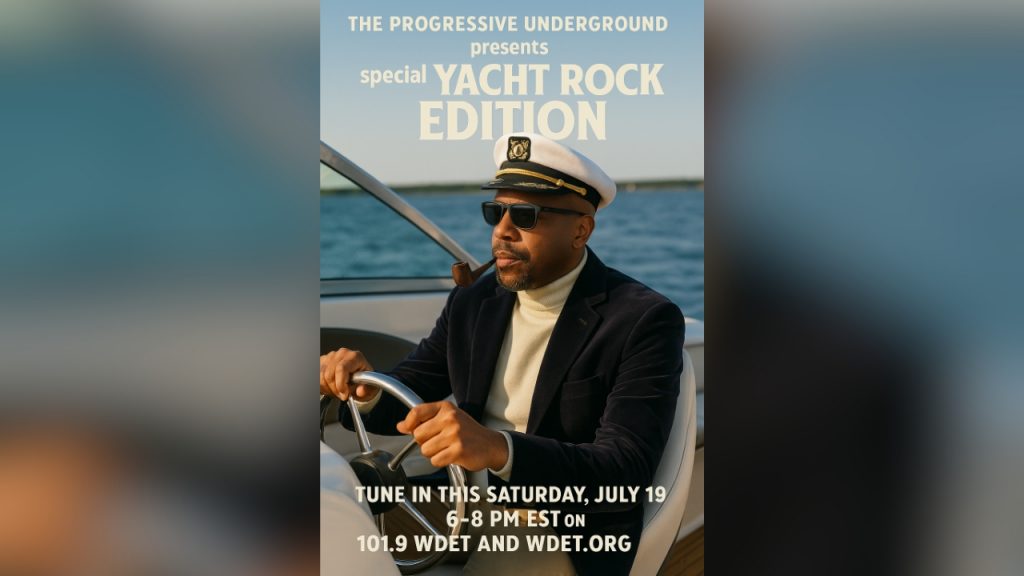 A rendering of Chris Campbell driving a boat with text overlay that says "The Progressive Underground presents special Yacht Rock Edition"