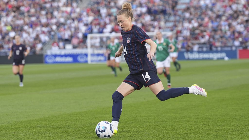 USA womens' national team defender Emily Sonnett kicks the ball against the Republic of Ireland in the first half of an international friendly soccer match Thursday, June 26, 2025, in Commerce City, Colo.