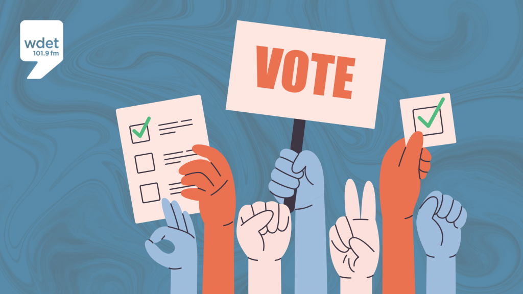 Cartoon hands hold signs that say "vote" or show ballots.