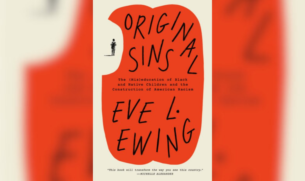 A lone figure stands in the hollow of a bitten red-apple shape on the cover of Eve Ewing's book