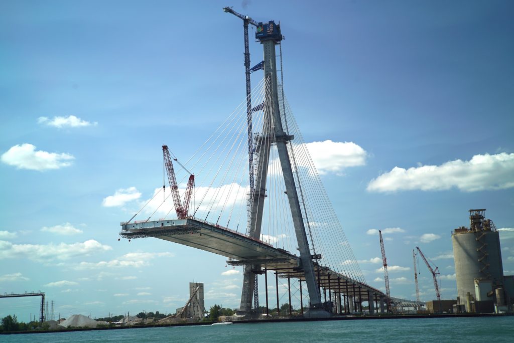 A half-built bridge over the Detroit River