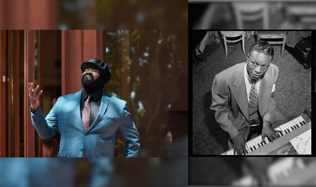 A two photo collage of Gregory Porter gesturing in a robin's egg blue suit next to a black and white archival photo of Nat King Cole seated at a piano.