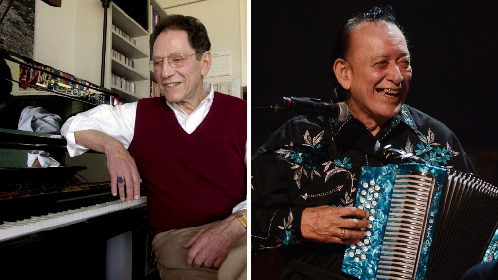 Collage of musicians Tom Lehrer and Flaco Jimenez with their instruments