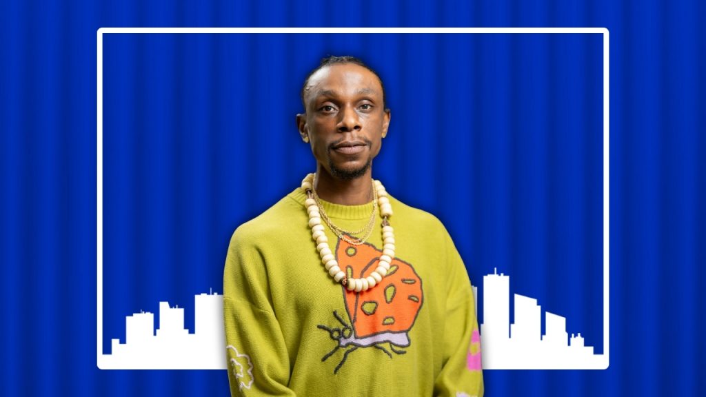 Headshot of Bryce Detroit over a blue shipping container and a white illustration of the Detroit skyline