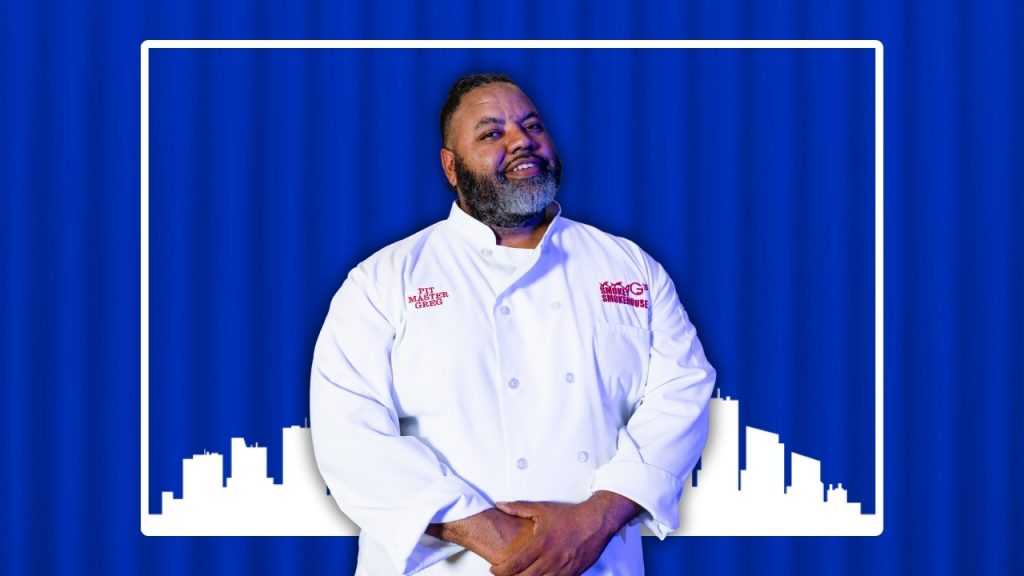 Headshot of Chef Greg Sims over a blue shipping container and a white illustration of the Detroit skyline