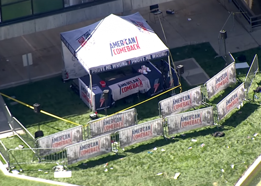 Aerial view of the abandoned stage following the fatal shooting of conservative podcaster and activist Charlie Kirk.