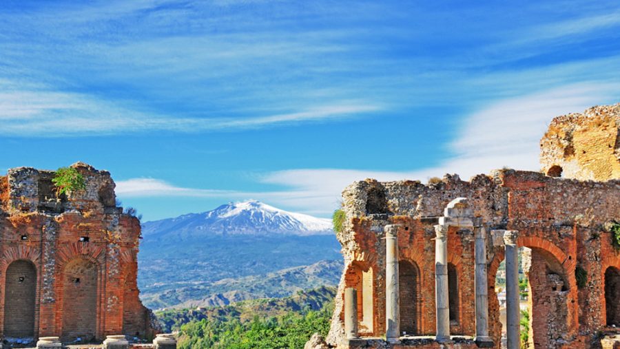 View from the Pompeii ruins, framing Mount Vesuvius.