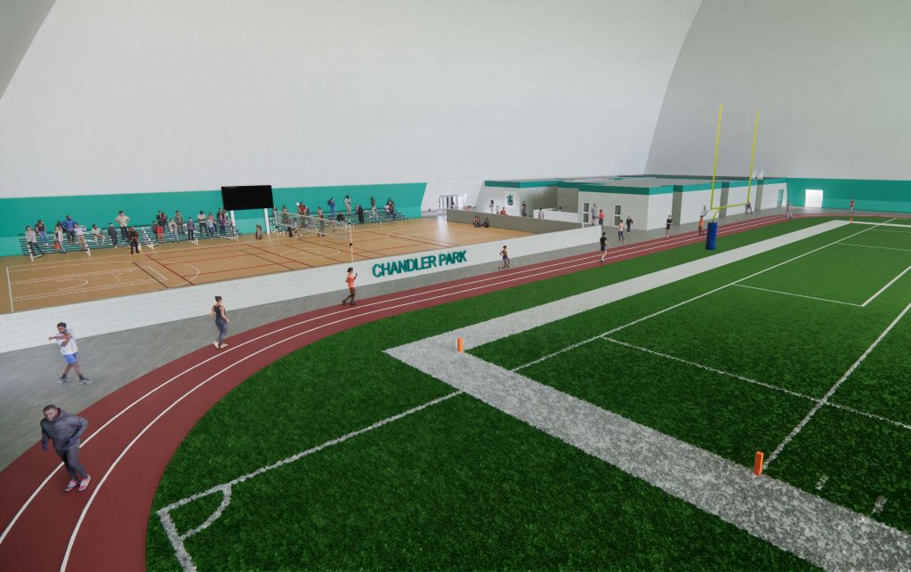 This digital rendering of the Chandler Dome shows off turf, track, and pickleball courts.