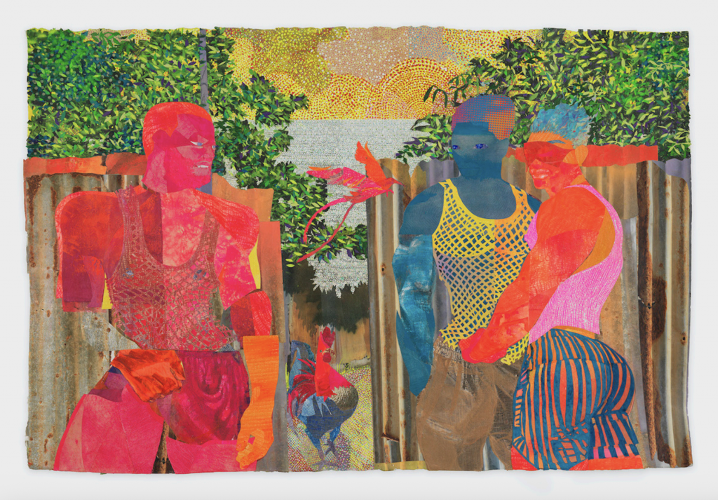 Vibrant collage depicting men in shorts and tank tops