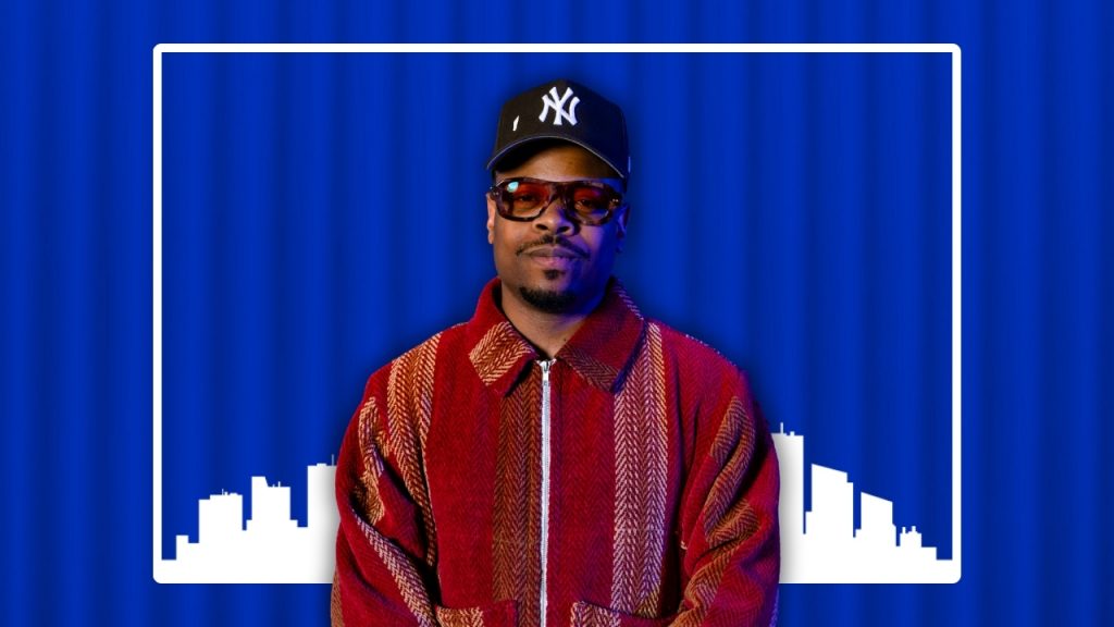 Headshot of Ali Evans over a blue shipping container and a white illustration of the Detroit skyline