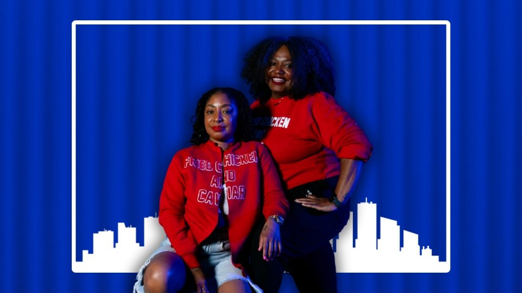 Photo of Nik Renee Cole and Chi Walker over a blue shipping container and a white illustration of the Detroit skyline