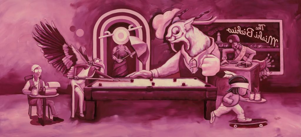 A monochrome painting of anthropomorphic figures playing pool.