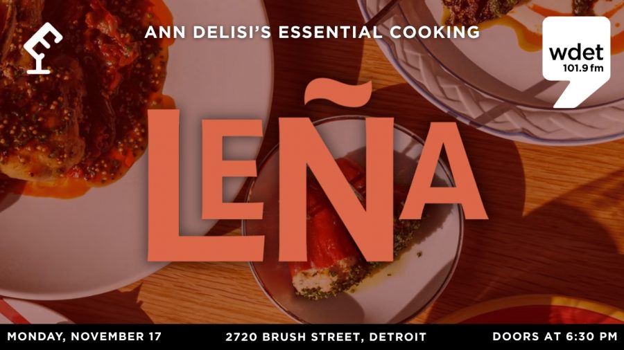 A table of Spanish food with text overlay that says "Ann Delisi's Essential Cooking: Leña, November 17"