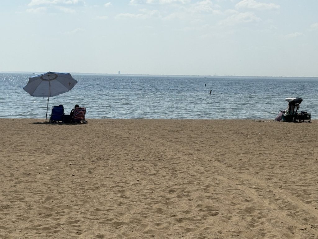 Sunbathers enjoy the beach at Lake St. Clair