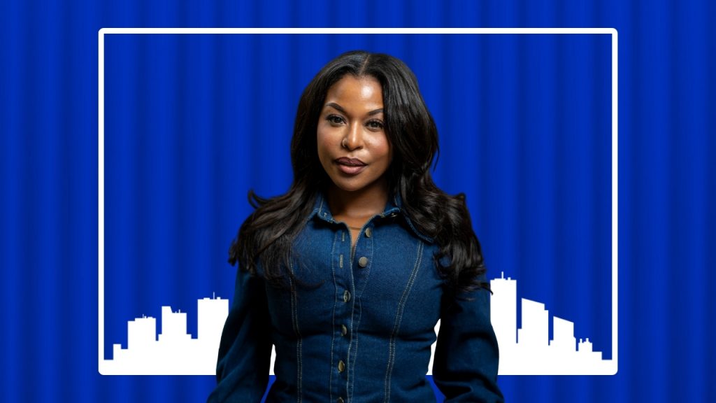 Headshot of Bevlove over a blue shipping container and a white illustration of the Detroit skyline