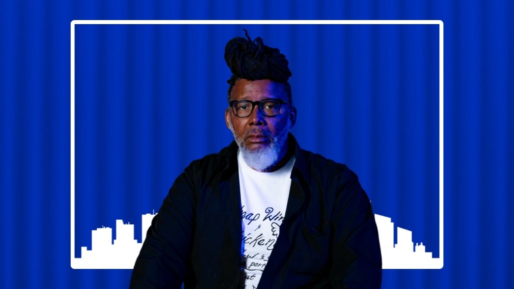 Headshot of Donald Calloway over a blue shipping container and a white illustration of the Detroit skyline