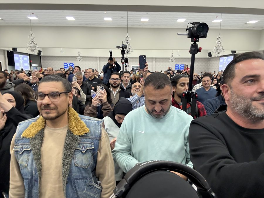 Crowd gathered to watch election results in Dearborn with Mayor Abdullah Hammoud.