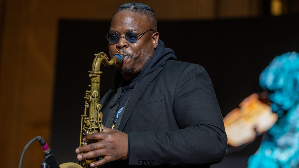 De'Sean Jones plays saxophone during Winter at the Station 2024