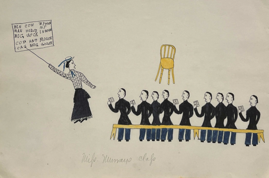 A drawing of children standing in line in front of a teacher on white paper.