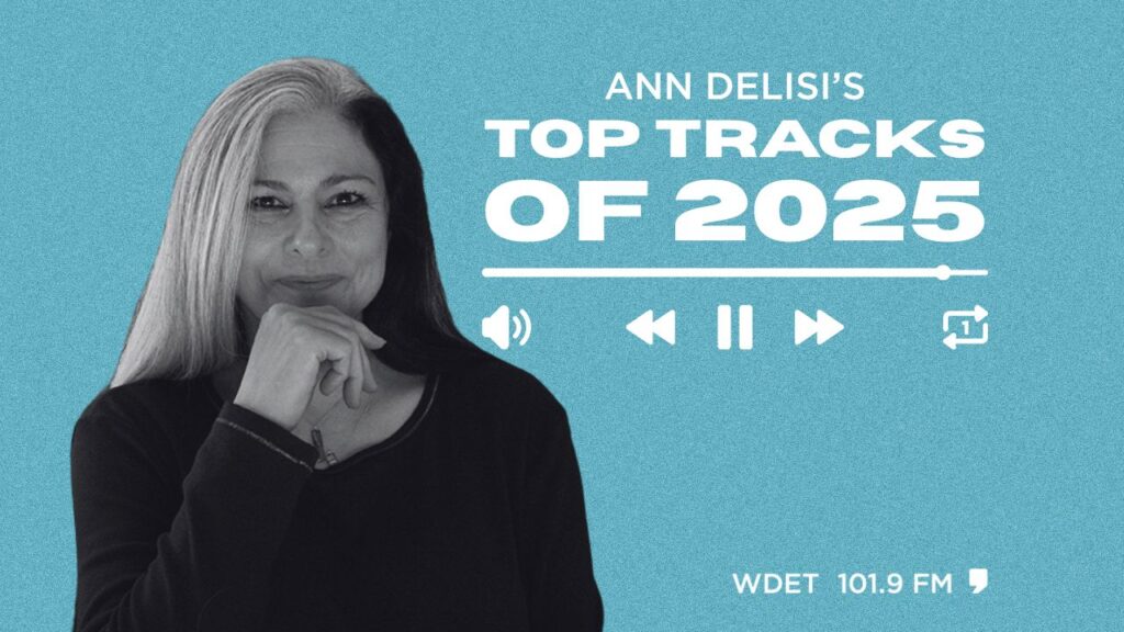 Black and white photo of Ann Delisi with text overlay that says, "Ann Delisi's top tracks of 2025"