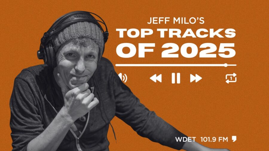 Black and white photo of Jeff Milo with text overlay that says, "Jeff Milo's top tracks of 2025"