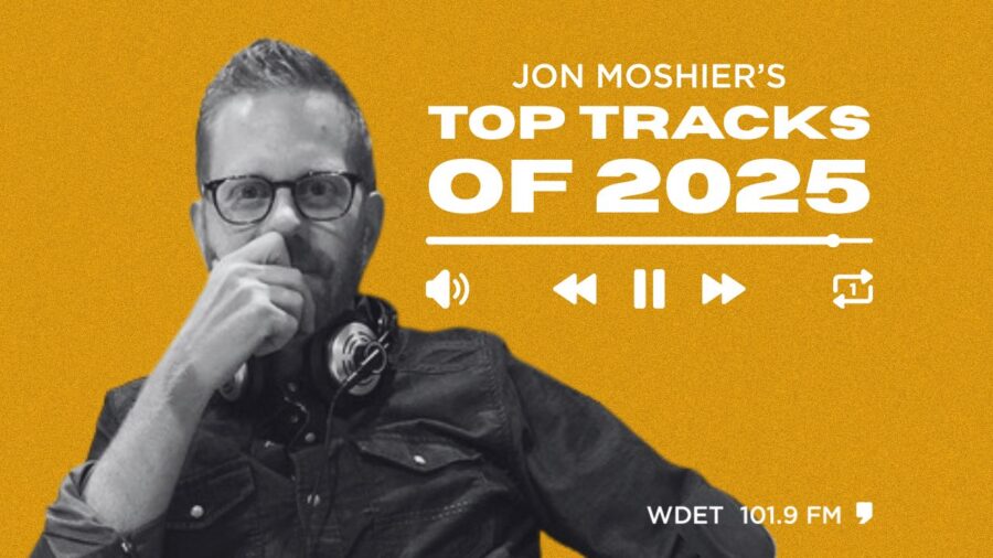Black and white photo of Jon Moshier with text overlay that says, "Jon Moshier's top tracks of 2025"