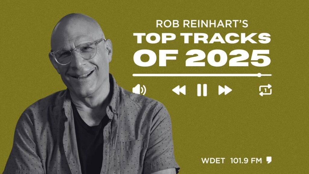 Black and white photo of Rob Reinhart with text overlay that says, "Rob Reinhart's top tracks of 2025"