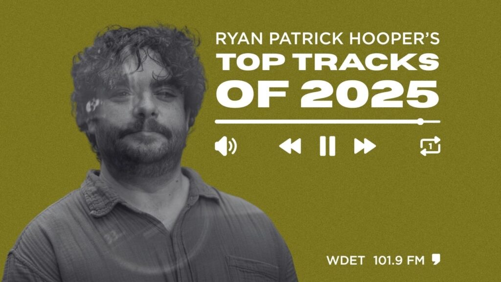 Black and white photo of Ryan Patrick Hooper with text overlay that says, "Ryan Patrick Hooper's top tracks of 2025"