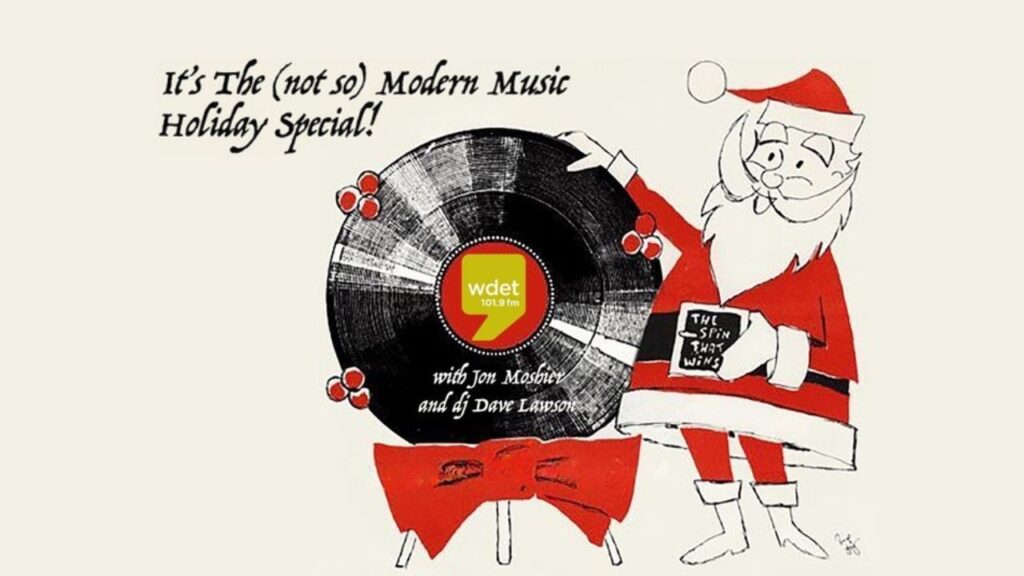 Retro cartoon of Santa holding a giant vinyl record with the WDET logo on it