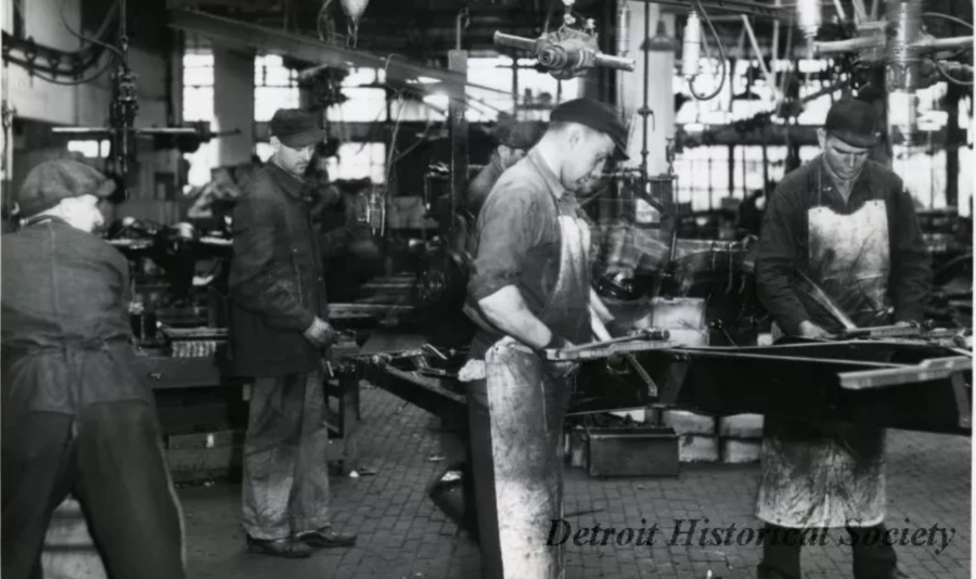 Men at work manufacturing in the Detroit Packard Plant