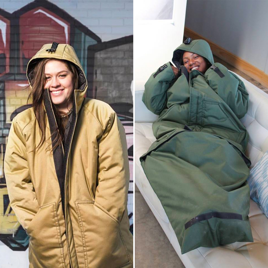 The EMPWR coat is designed to function as both a coat and a sleeping bag, as shown in these two images.