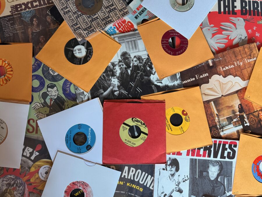 Scattered vinyl records.